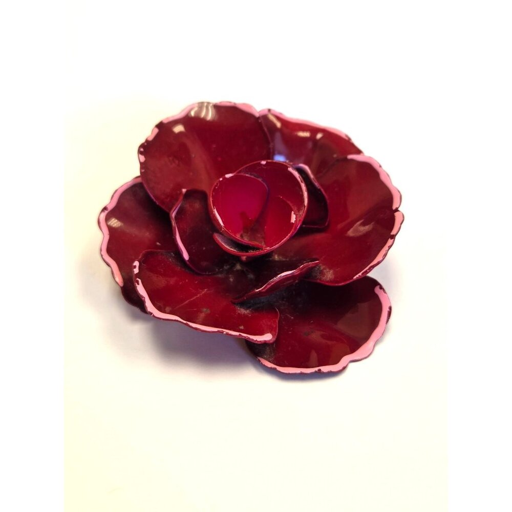 Vintage Red Enamel Rose Flower Brooch  With Pink Edges & Gold-Toned Backing RARE